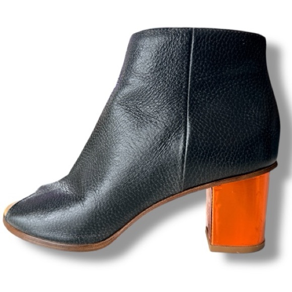 MM6 Maison Margiela Black Leather Peep Toe Mirrored Orange Heel Boot 37.5 US 7.5